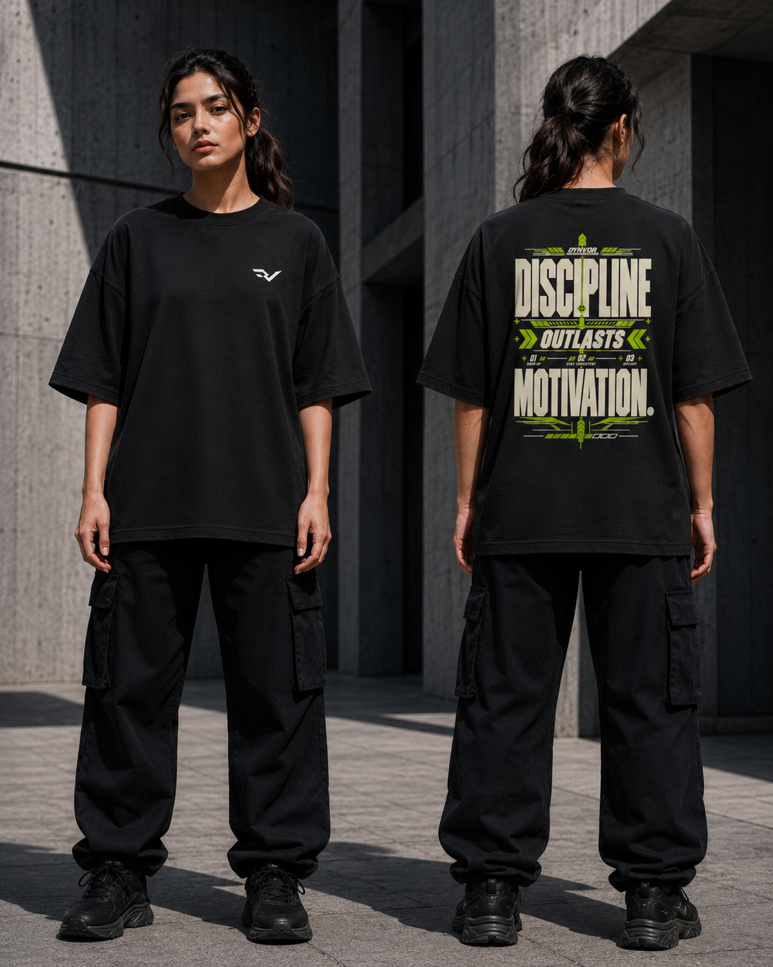 DYNVOR Discipline Outlasts Motivation men's front and back fit view