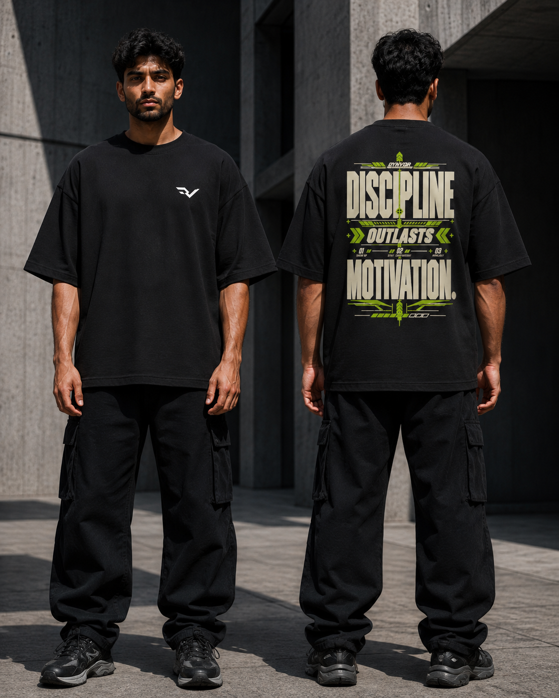 DYNVOR Discipline Outlasts Motivation men's front and back fit view