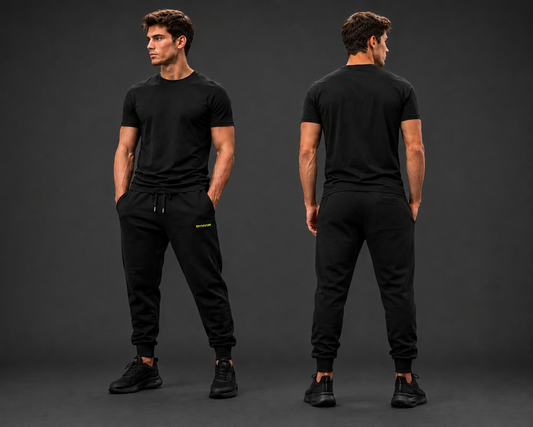DYNVOR Essential Embroidered Joggers men's front and back fit view