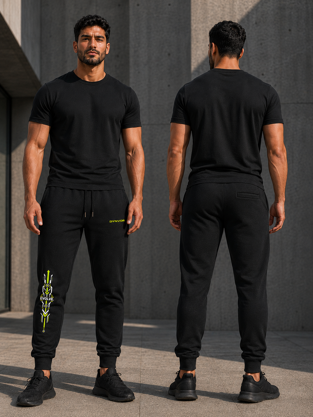 DYNVOR Evolve Technical Joggers men's front and back fit view